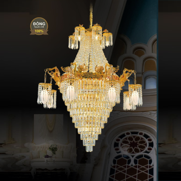 S - CĐ 8110/8+6: Đèn chùm đồng Phale xi vàng 24K - KT: Ø1200mm x H1400mm - Bóng đèn E14 x 25 bóng