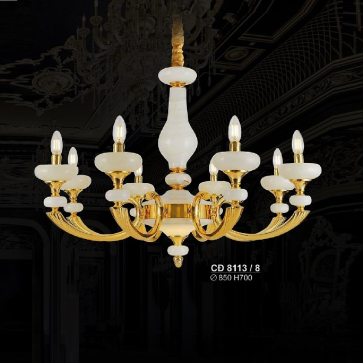 S - CĐ 8113/8: Chùm đồng 8 tay xi mạ vàng 24K, chao đá trắng - KT: Ø850mm x H700mm - Đèn chân E14 x 8 bóng