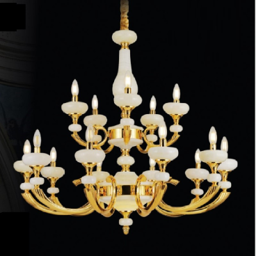 S - CĐ 8114/10+5: Chùm đồng 15 tay, xi mạ vàng 24K, chao đá trắng - KT: Ø1000mm x H800mm - Bóng đèn chân E 14 x 15 bóng