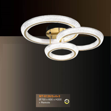 MT - 8126/5+4+3: Đèn áp trần LED Mica 3 vòng  - KT: L750mm x W600mm x H200mm - Đèn LED đổi 3 màu + Remote