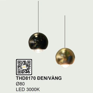 THD8170 Đen/vàng: Đèn thả đơn LED - KT: Ø80mm - Đèn LED ánh sáng vàng 3000K