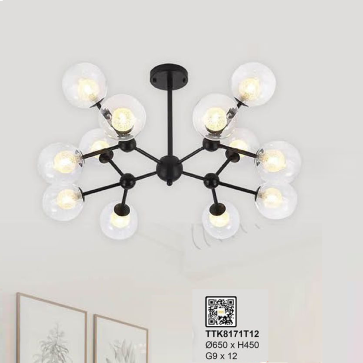 TTK8171T12: Đèn chùm 12 bóng chao quả bi - KT: Ø650mm x H450mm - Bóng đèn LED G9 x 12 bóng