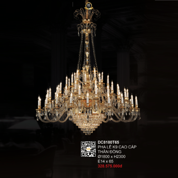 3 - DC8180T65: Đèn chùm phale nến 65 tay - KT: Ø1800mm x H2300mm - Bóng đèn chân E14 x 65 bóng