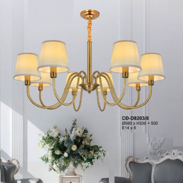 A - CĐ - D8203/8: Đèn chùm đồng 8 tay chao vải - KT: Ø680mm x H330mm + 500mm - Bóng đèn E14 x 8 bóng