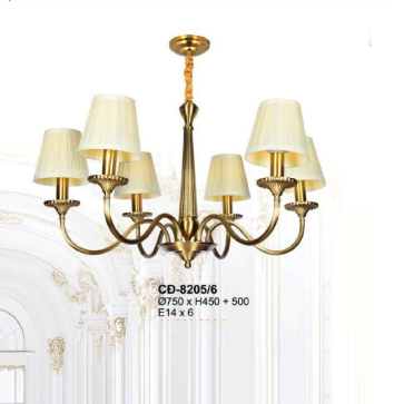 A - CĐ - D8205/6: Đèn chùm đồng 6 tay chao vải - KT: Ø750mm x H450mm +500mm - Bóng đèn E14 x 6 bóng