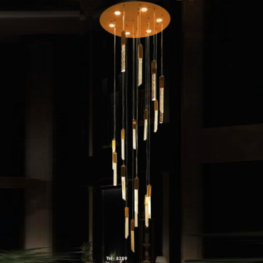 TH - 8289: Đèn thả thanh LED, Viền màu vàng - KT: Ø600mm x H2500mm - Đèn LED x 18 bóng