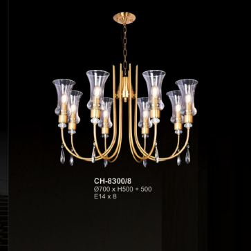 A - CH - 83008/8: Đèn chùm 8 tay chao thủy tinh - KT: Ø700mm x H500mm +500mm - Bóng đèn E14 x 8 bóng