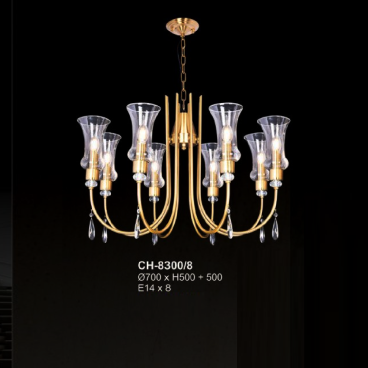 A - CH - 83008/8: Đèn chùm 8 tay chao thủy tinh - KT: Ø700mm x H500mm +500mm - Bóng đèn E14 x 8 bóng
