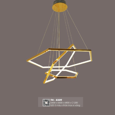 TH - 8309: Đèn thả 3 vòng LED thân Inox xi vàng - KT: Ø(400+600 + 800)mm x H1200mm  - Đèn LED đổi 3 màu