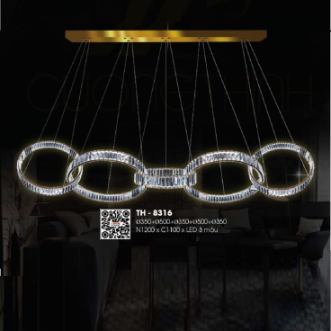 TH - 8316: Đèn thả 5 vòng Phale LED - KT: L1200mm x H1100mm x Ø(350+500+350+500+350)mm - Đèn LED đổi 3 màu