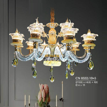 HF - CN 8322/10+5: Đèn chùm 15 tay - KT: Ø1000mm x H600mm + 400mm - Bóng đèn E14 x 15 bóng + Đèn LED