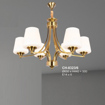 A - CH - 8323/6: Đèn chùm 6 tay chao thủy tinh - KT: Ø650mm x H440mm + 500mm - Bóng đèn E14 x 6 bóng