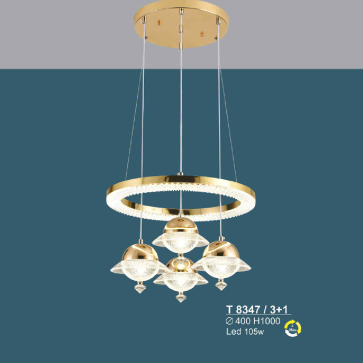 T 8347/3+1: Đèn thả LED 4 bóng - KT: Ø400mm x H1000mm - Đèn LED 105W đổi 3 màu