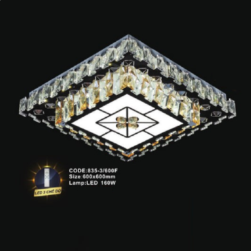 CODE: 835-3/600F: Đèn áp trần vuông LED - KT : L600mm x W600mm - Đèn LED 160W ánh sáng đổi 3 màu