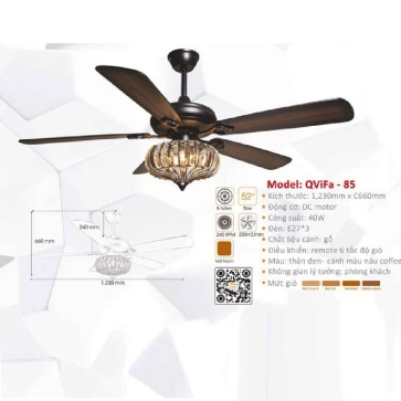 QViFa - 85: Quạt trần đèn 5 cánh gỗ công nghiệp