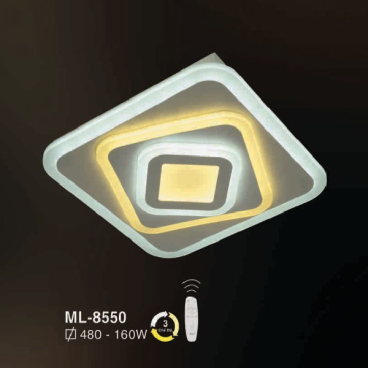 E - ML - 8550: Đèn áp trần LED vuông - KT: L480mm x W480mm - Đèn LED 160W ánh sáng đổi 3 màu - Remote