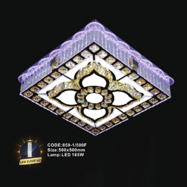 CODE: 859-1/500F: Đèn áp trần vuông LED - KT: L500mm x W500mm - Đèn LED 185W đổi 3 màu