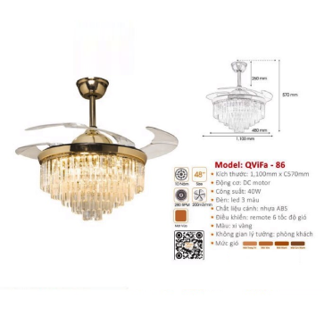 QViFa  - 86: Quạt trần đèn LED Phale  cánh Nhựa xếp