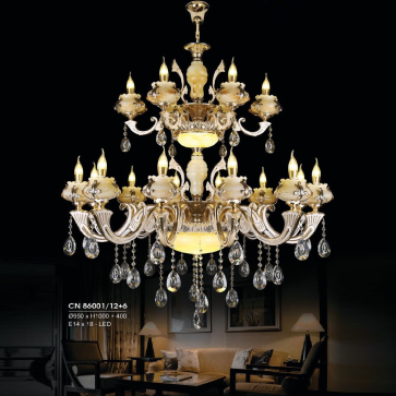 HF - CN 86001/12+6: Đèn chùm nến 18 tay - KT: Ø9500mm x H1000mm + 400mm - Đèn nến chân E14 x 18 bóng + Đèn LED