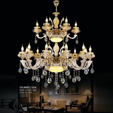 HF - CN 86001/12+6: Đèn chùm nến 18 tay - KT: Ø9500mm x H1000mm + 400mm - Đèn nến chân E14 x 18 bóng + Đèn LED