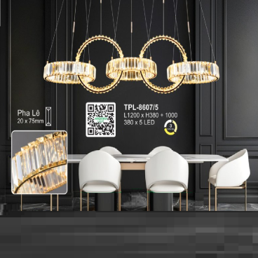 A - TPL - 8607/5: Đèn thả 5 vòng LED Phale gắn ngang - KT: L1200mm x H380mm +1000mm - Đèn LED đổi 3 màu