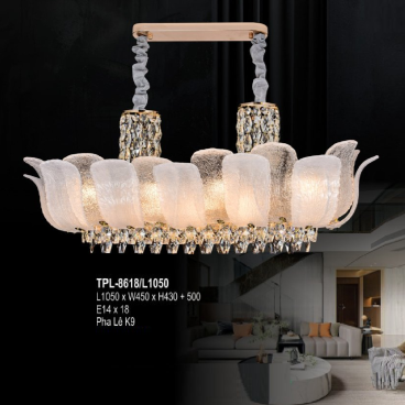 A - TPL - 8618/L1050: Đèn thả ngang Phale K9 - KT: L1050mm x W450mm x H430mm + 500mm - Bóng đèn E14 x 18 bóng