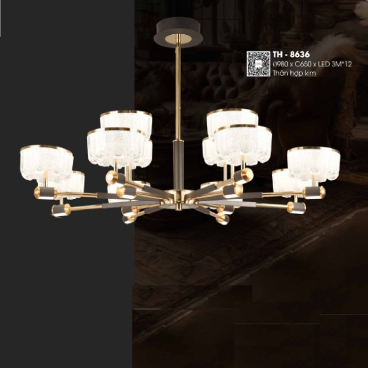 TH - 8636: Đèn chùm thả LED 12 tay - KT: Ø980mm x H650mm - Đèn LED 3M x 12