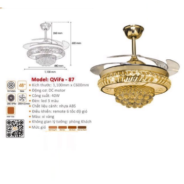 QViFa  - 87: Quạt trần đèn LED Phale  cánh Nhựa xếp