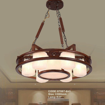 CODE: 87007-6+1: Đèn thả gỗ - KT: Ø800mm - Bóng đèn E27