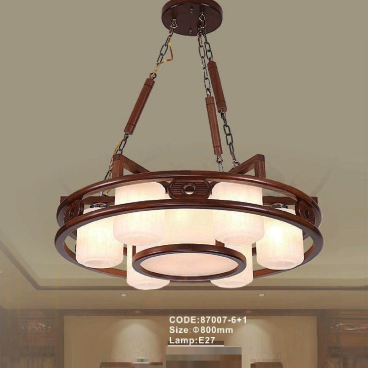 CODE: 87007-6+1: Đèn thả gỗ - KT: Ø800mm - Bóng đèn E27
