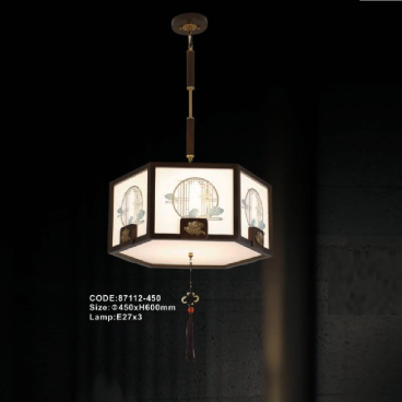 CODE: 87112 - 450: Đèn thả gỗ đơn - KT: Ø450mm x H600mm - Bóng đèn E27 x 3 bóng