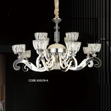 CODE: 8802/8+4: Đèn chùm LED 12 tay, chao thủy tinh/Phale - KT: Ø930mm  x H480mm - Đèn LED