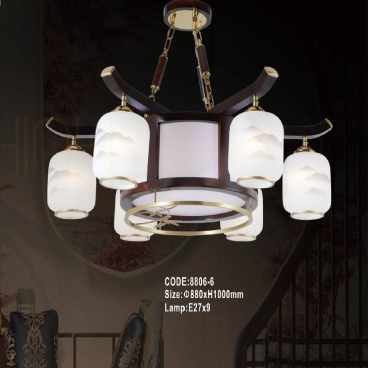 CODE: 8806-6: Đèn chùm thả chao thủy tinh 6 tay - KT: Ø880mm x H1000mm - Bóng đèn E27 x 9 bóng
