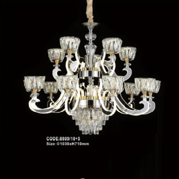 CODE: 8809/10+5: Đèn chùm LED 15 tay, chao thủy tinh/Phale - KT: Ø1030mm  x H710mm - Đèn LED