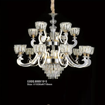 CODE: 8809/10+5: Đèn chùm LED 15 tay, chao thủy tinh/Phale - KT: Ø1030mm  x H710mm - Đèn LED