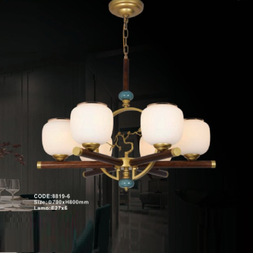 CODE: 8819-6: Đèn chùm 6 tay, chao thủy tinh - KT: Ø700mm x H800mm - Bóng đèn E27 x 6 bóng