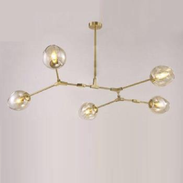 VE - T - 882/5: Đèn chùm 5 bóng, thân sơn vàng, chao thủy tinh màu trà - KT: 700mm x H800mm - Bóng đèn E27 x 5 bóng