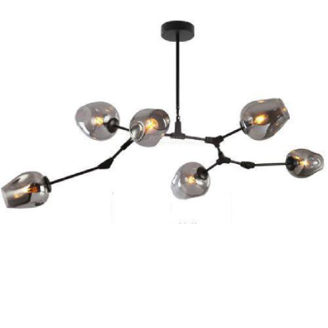 VE - T - 882/6: Đèn chùm 6 bóng, thân sơn đen, chao thủy tinh màu khói - KT: 800mm x H800mm - Bóng đèn E27 x 6 bóng