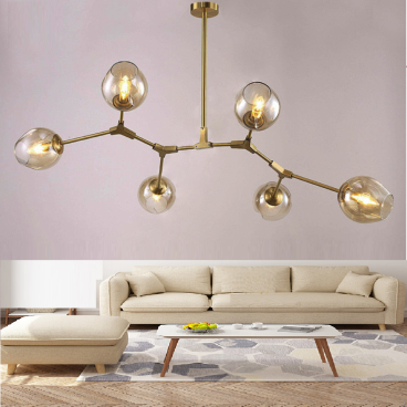 VE - T - 882/6: Đèn chùm 6 bóng, thân sơn vàng, chao thủy tinh màu trà - KT: 800mm x H800mm - Bóng đèn E27 x 6 bóng