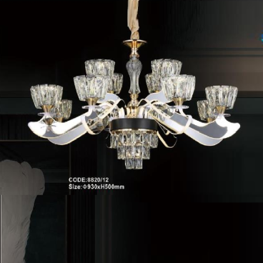 CODE: 8820/8+4:  Đèn chùm LED 12 tay, chao thủy tinh/Phale - KT: Ø930mm x H500mm - Đèn LED