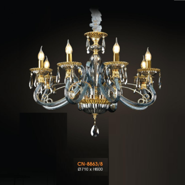 V - CN 8863/8: Đèn chùm 8 tay thủy tinh - KT: Ø710mm x H600mm - Bóng đèn E14 x 8 bóng