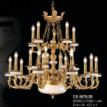 HF- CĐ 8870/20: Chùm đồng 20 tay, chao đá - KT: Ø1050mm  x H1000mm + 450mm - Bóng đèn chân E14 x 20 bóng + E27 x 3 bóng