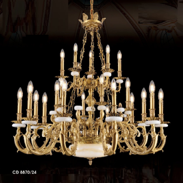 HF- CĐ 8870/24: Chùm đồng 24 tay, chao đá - KT: Ø1250mm x H1200mm + 450mm - Đèn chân E14 x 24 bóng