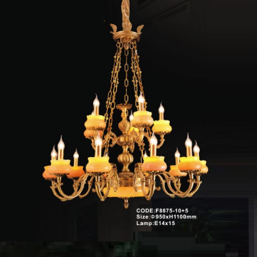 CODE: F8875/10+5:  Đèn chùm đồng chao đá 15 tay - KT: Ø950mm x H1100mm - Đèn chân E14 x 15 bóng