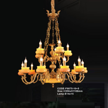 CODE: F8875/10+5:  Đèn chùm đồng chao đá 15 tay - KT: Ø950mm x H1100mm - Đèn chân E14 x 15 bóng