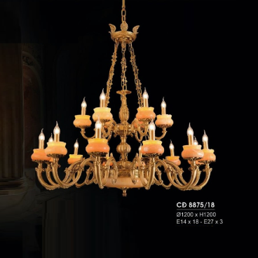 HF- CĐ 8875/18: Chùm đồng 18 tay, chao đá - KT: Ø1200mm x H1200mm - Bóng đèn chân E14 x 18 bóng