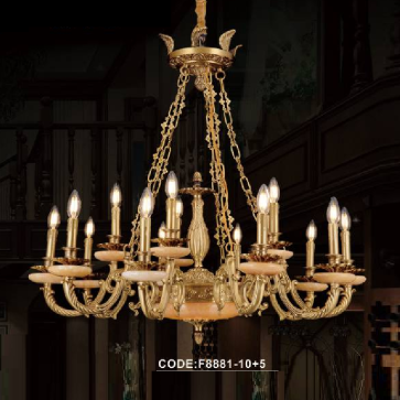 CODE: F8881/10+5:  Đèn chùm đồng 15 tay, chao đá - KT: Ø 1050mm  x H 900mm - Bóng đèn chân E14 x 15 bóng