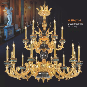 NC 8886/12+6:  Đèn chùm đồng 18 tay - KT: Ø1250mm  x H 1050mm + 600mm - Đèn chân E14 x 18 bóng