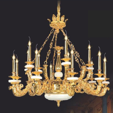 NC 8887/10+5:  Đèn chùm đồng 15 tay, chao đá trắng - KT: Ø 1050mm x H 900mm + 600mm - Đèn chân E 14 x 15 bóng