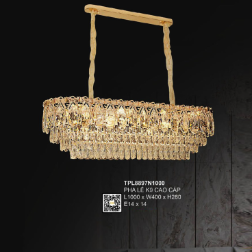 TPL8897N1000: Đèn thả Ngang Phale K9 cao cấp - KT: L1000mm x W400mm x H280mm - Bóng đèn E14 x 14 bóng